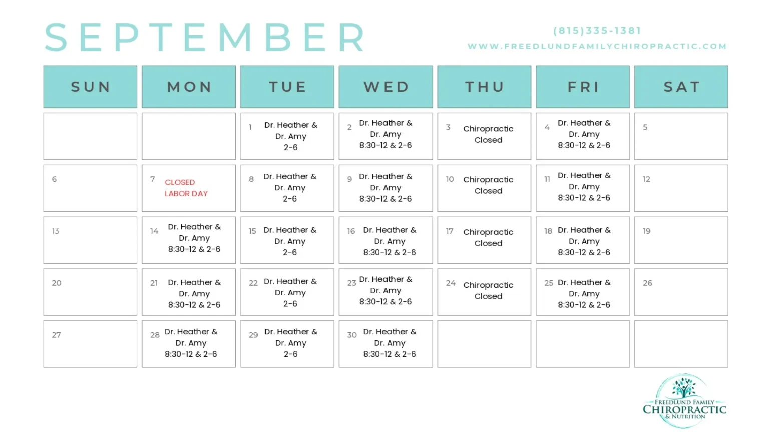 Chiropractic Winnebago IL Calendar September 2026